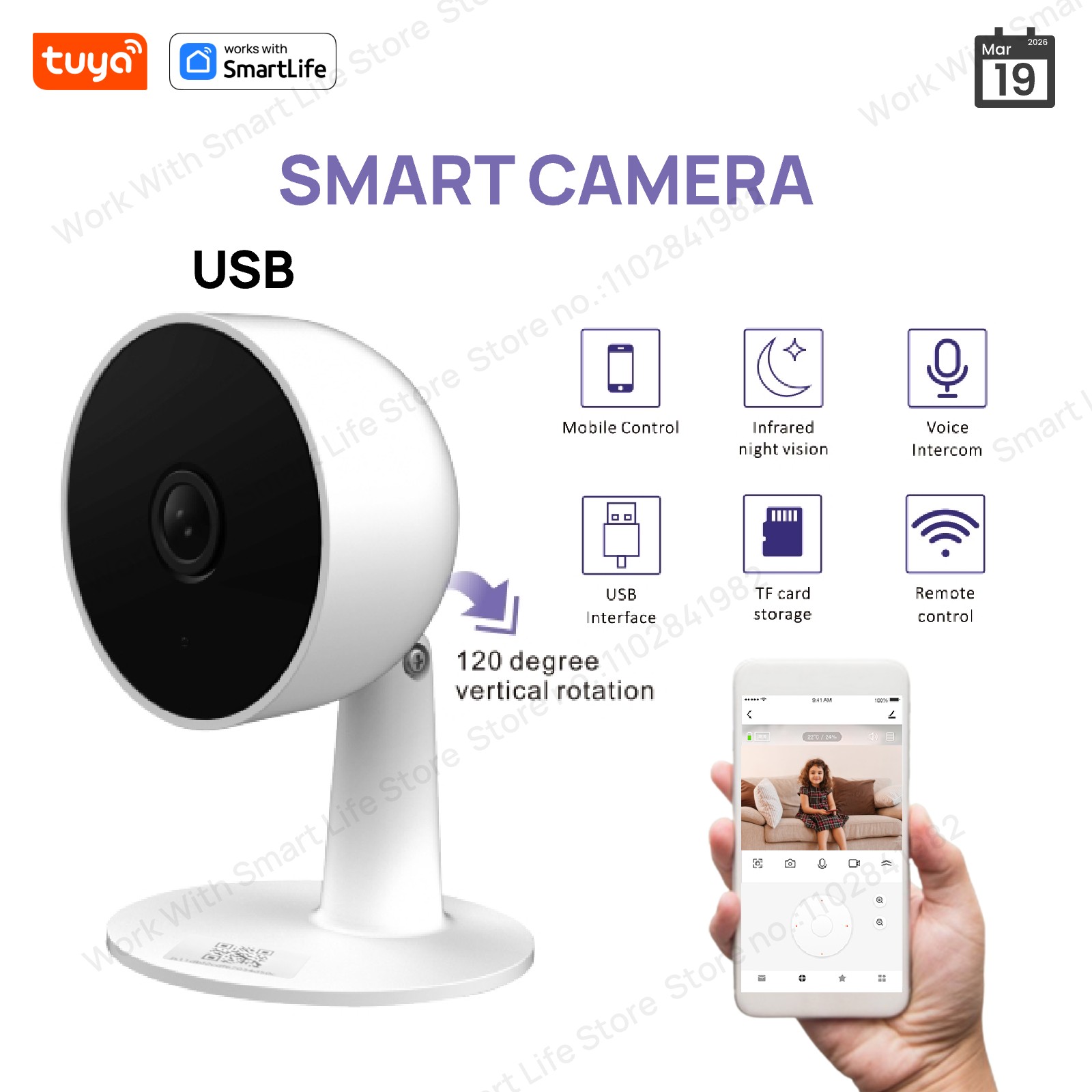 Tuya Smart 3MP HD Telecamera di sicurezza domestica per interni per neonati/anziani/animali domestici/con avviso APP in tempo reale, audio bidirezionale, rilevamento del corpo umano