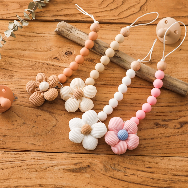 Handmade faia madeira bebê chupeta corrente clipe removível, forma de flor, dentição brinquedos mamilo chupeta, acessórios de corrente