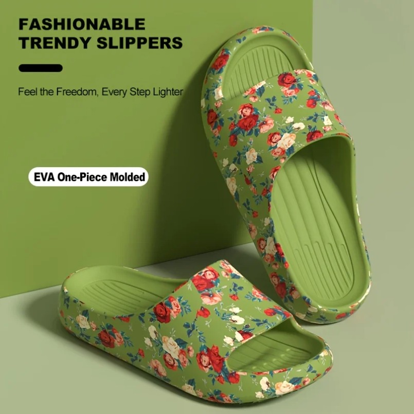 House Cloud Slippers Sandal Geser Wanita Motif Bunga Sepatu Pantai Lembut Ukuran Besar Alas Kaki Musim Panas Datar Dalam & Luar Ruangan Eva Home Pria