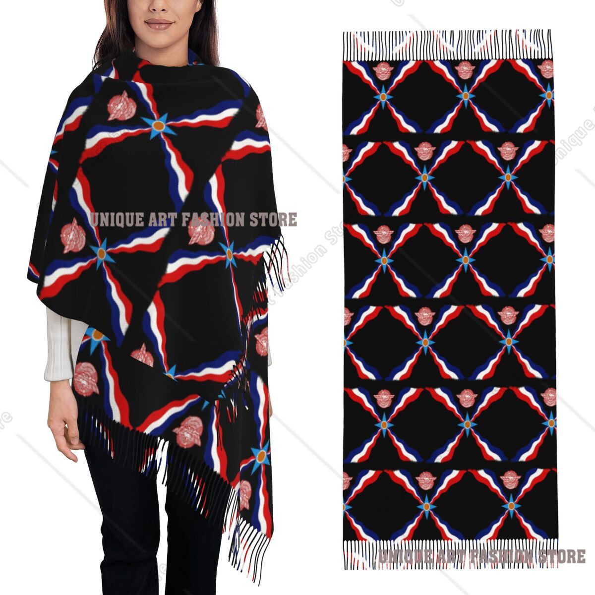 Luxury Assyrian Suryoyo Flag Scarf Tassel Scarves Women Soft Warm Shawls and Wraps Large Fall Winter Shawl Wrap