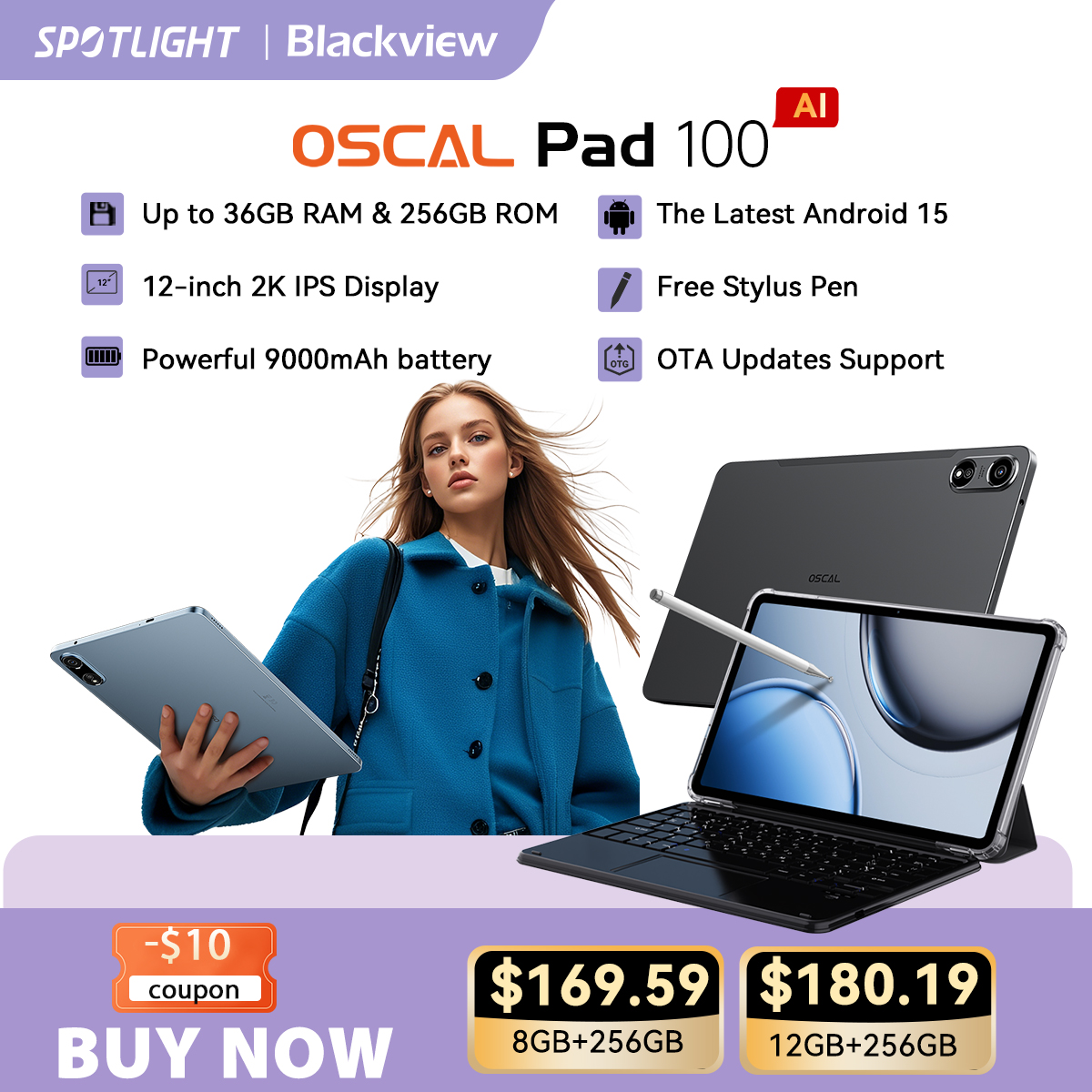 [World Premiere] Blackview OSCAL PAD 100 Tablet 12'' 2K FHD+ Unisoc T615 12+24GB RAM 256GB ROM 9000mAh Android 15 4G Tablets PC