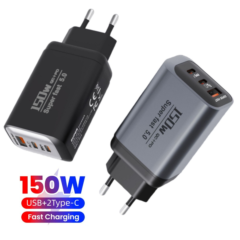 Caricabatterie per telefono cellulare a 3 porte a ricarica rapida da 150 W Caricabatterie USB tipo C QC3.0 Adattatore da parete USB doppio PD Spina UE/USA per iPhone Samsung