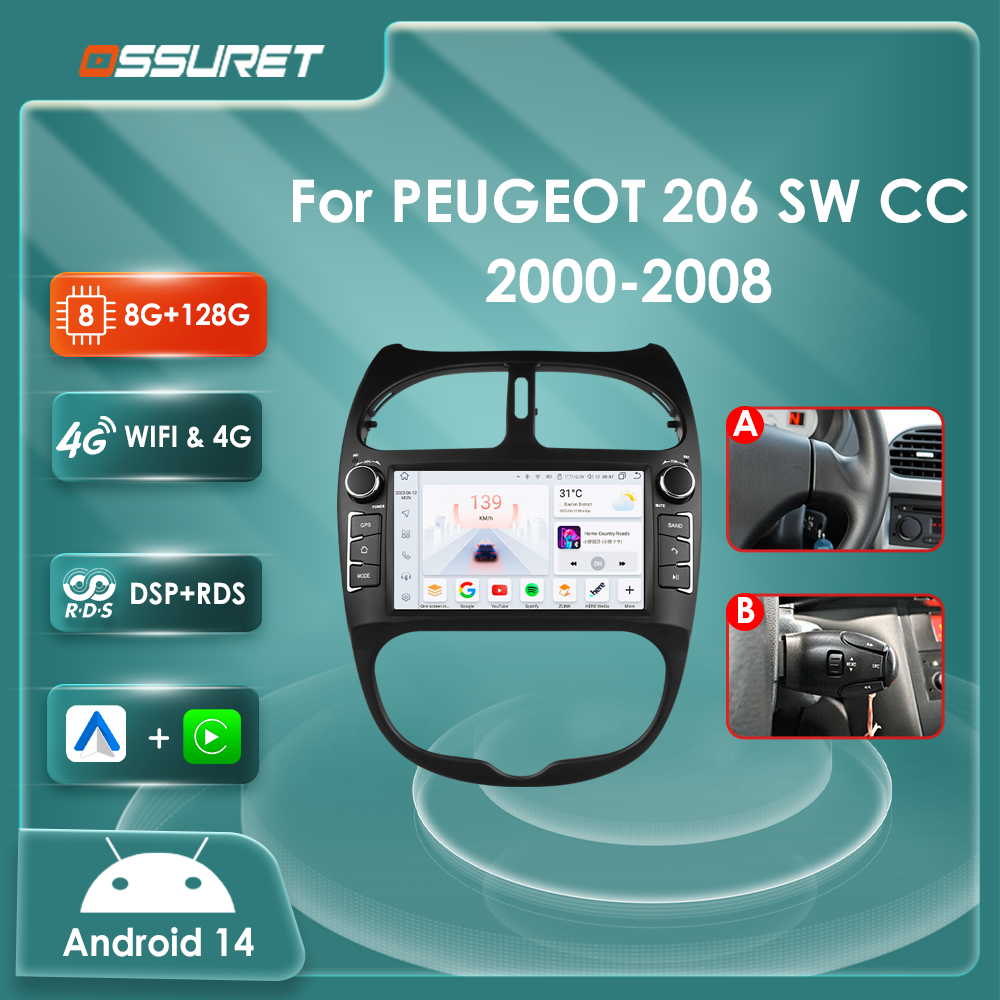 Radio Mobil Android 14 untuk PEUGEOT 206 206CC 206SW 2000-2005 2006 2007 2008 Pemutar Multimedia GPS Navi Video 7862 2din Autoradio