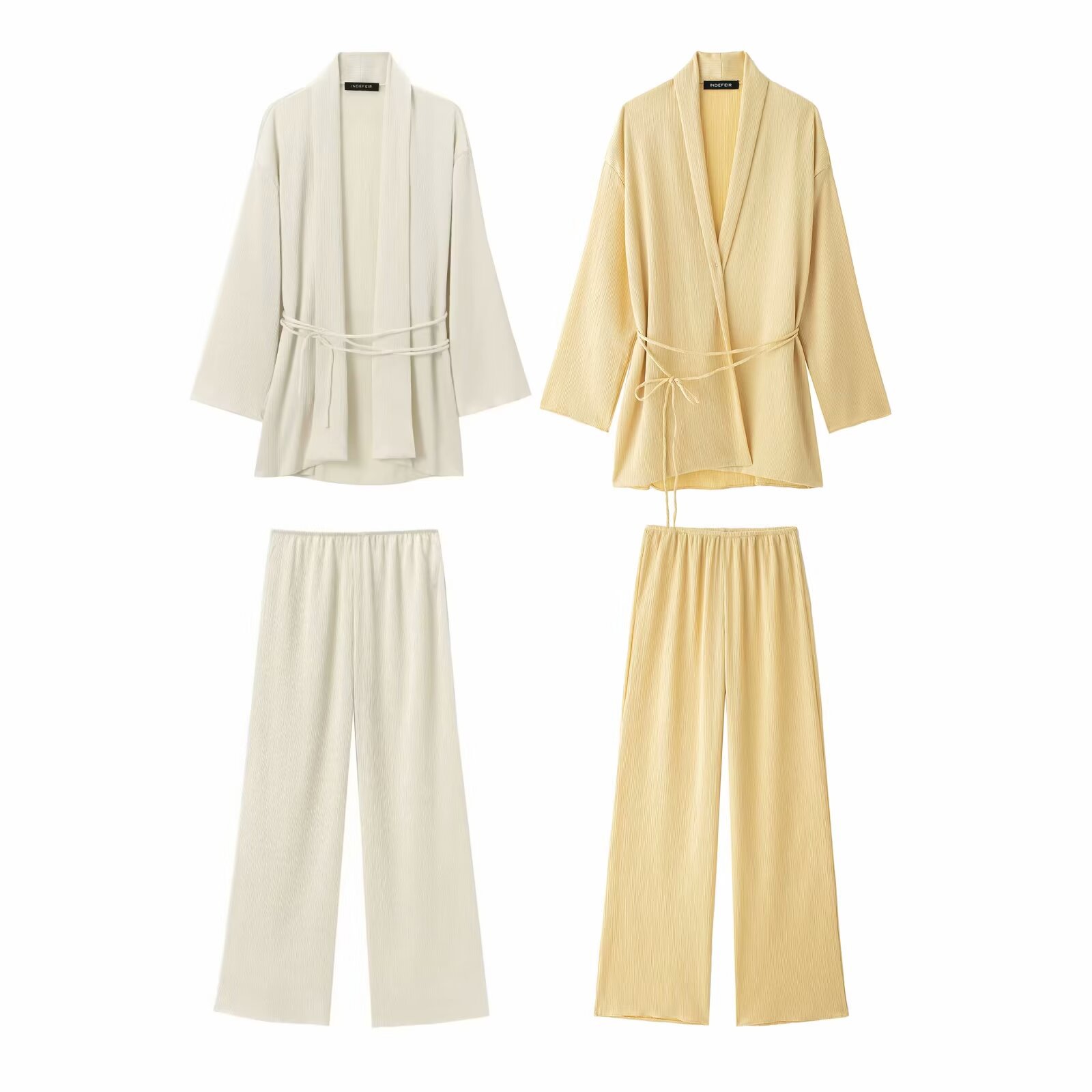 Damen lockere, plissierte, lässige Hose mit weitem Bein, Oberteile im Kimono-Stil, Retro-Langarm-Krawattenhemd, Anzug, schicke Oberteile, 2-teiliges Set 2025