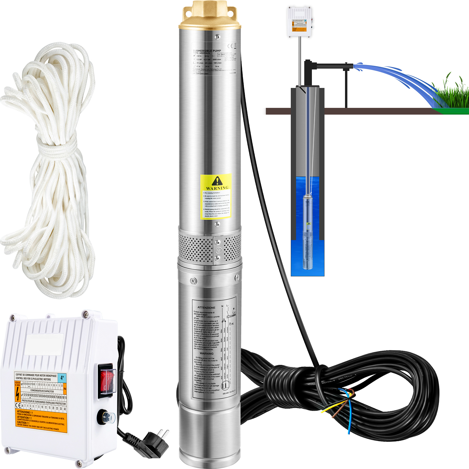 SucceBuy Pompa głębinowa ze stali nierdzewnej 370W/550W/750W/1100W Pompa wodna o dużej przepłukowości i wysokiej podnoszonej wysokości