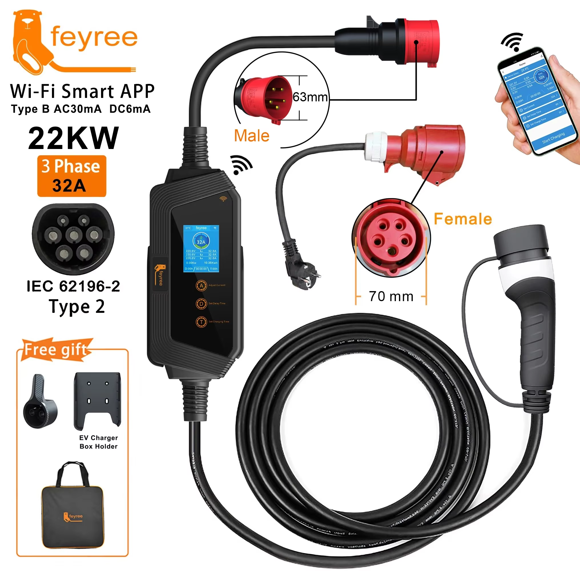 Feyree 22KW 32A 3-fazowa przenośna ładowarka EV Typu 2 z kontrolą przez Wi-Fi i aplikację, stacja ładująca EVSE do samochodów elektrycznych