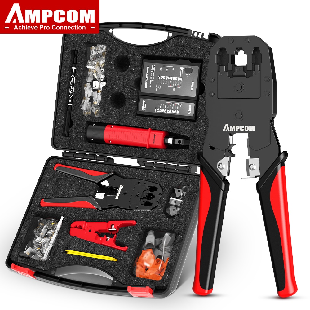 Ampcom rj45クリンパーlanテスターツールセットイーサネットケーブルストリッパーパンチダウンツールrj 45 rj11コネクタ12 in 1ケーブル修理セット