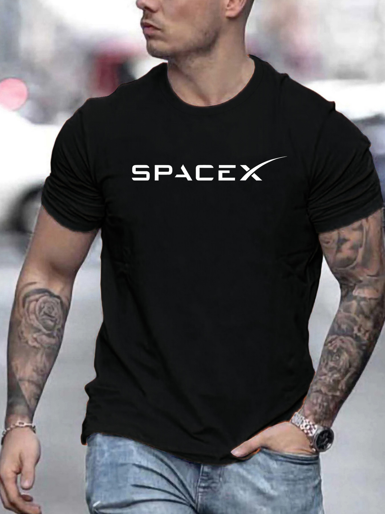 Heren zomer 100% katoen modieus casual los groot formaat SPACEX letterpatroon bedrukt ronde hals korte mouw T-shirt top