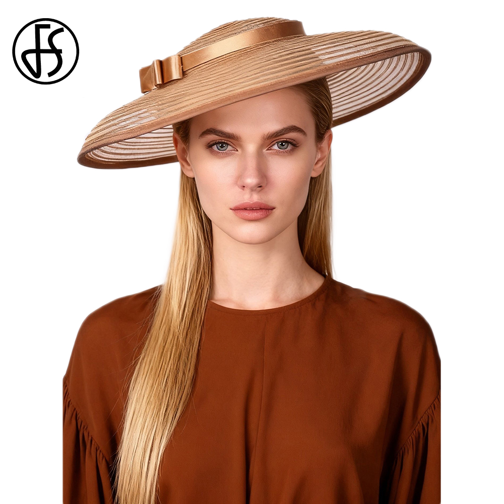 FS Weiß-Brauner Breitkrempiger Fascinator-Hut Elegante Kirchenhüte für Damen Luxuriöse Hochzeits-Brautkappe mit Schleife Chapeau Femme 2026