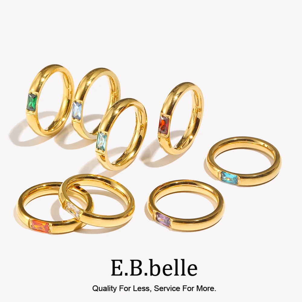 E.B.belle 18K Gold Plated Shiny 12 Colors Birthstone Ring Stainless Steel Gold Plated Zircon Rings Zodiac ConstellationFor Women