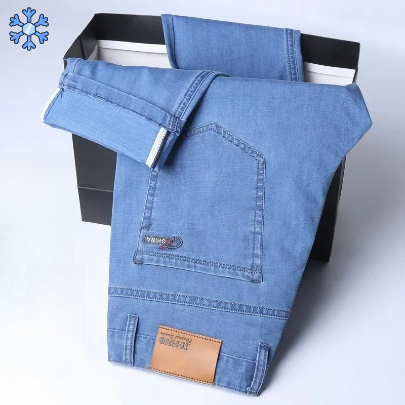 Nowe męskie dżinsy z cienkiego denimu Ice Silk, niebieskie, proste, elastyczne spodnie bawełniane, biznesowe, codzienne, lekkie spodnie na wiosnę i lato.