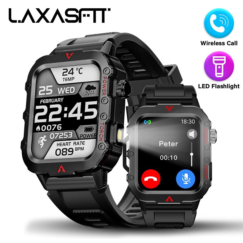 LAXASFIT ผู้ชายกีฬานาฬิกาสมาร์ท 1.71 หน้าจอเลือดออกซิเจนบลูทูธพูดคุยนาฬิกากีฬาไฟฉาย LED นาฬิกาสมาร์ทกลางแจ้ง