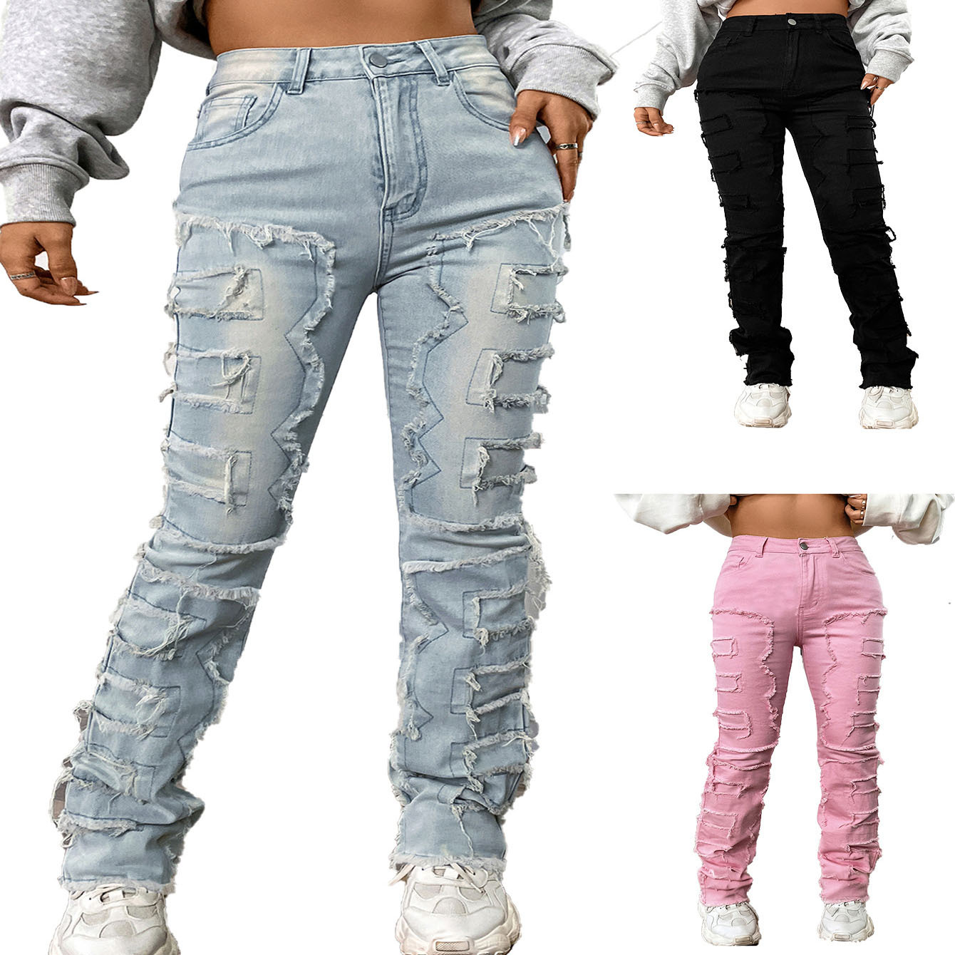 Pantalones vaqueros rectos de mezclilla para mujer, retales empalmados, bolsillos ajustados de calle alta, cintura media, cremallera de lavado, ligero Srech 2024