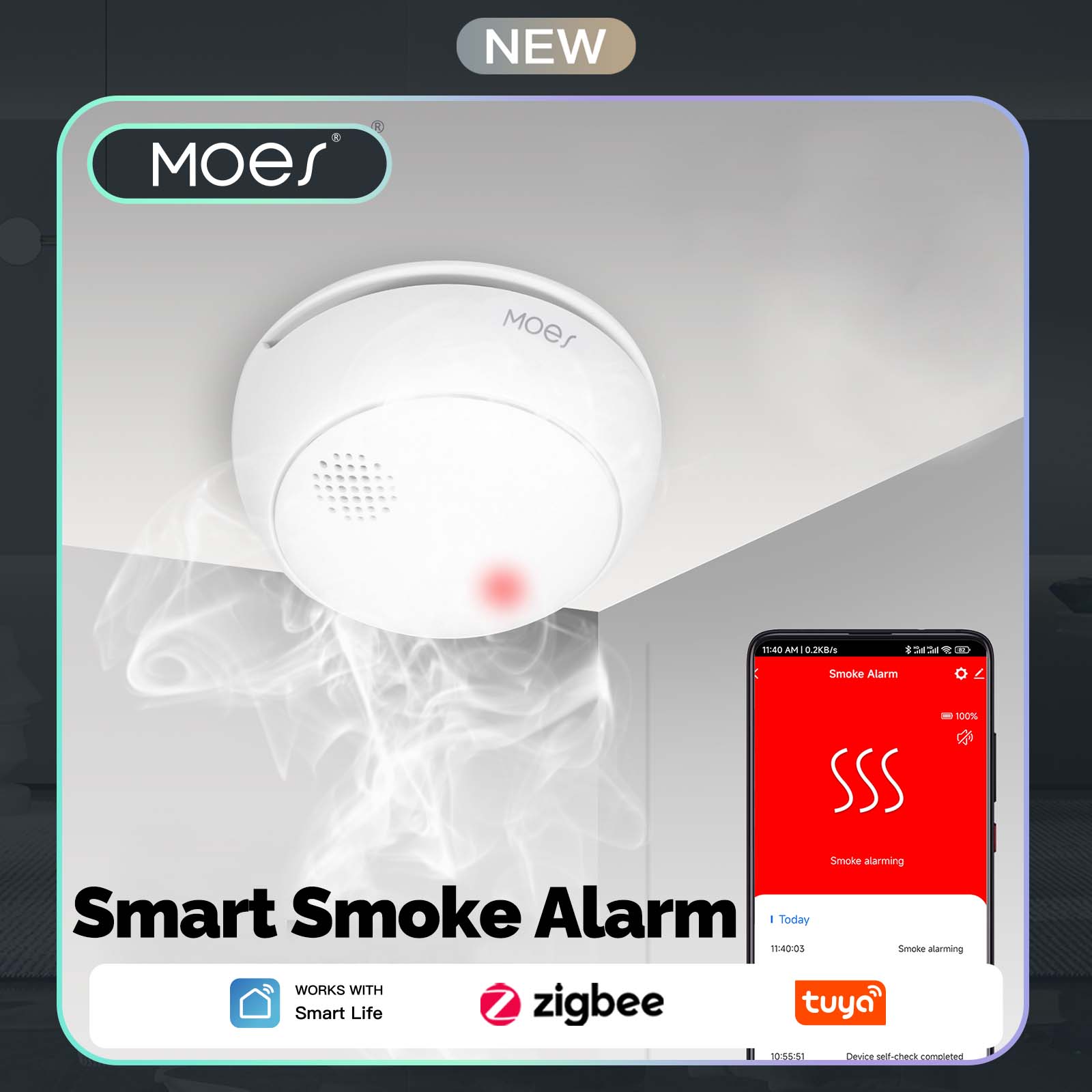 MOES ZigBee 煙探知機、85dB の音を出るワイヤレス火災および煙警報器、家庭のキッチンの安全保護のためのスマートアプリ警報センサー