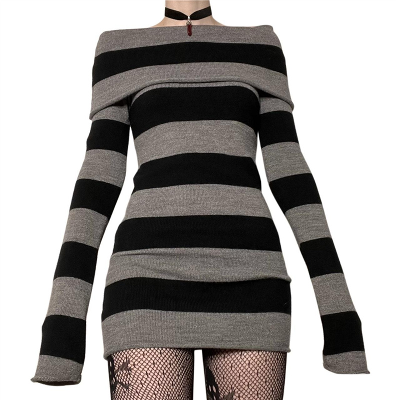 เสื้อสเวตเตอร์ลายทาง Y2K ชุดมินิเดรสห้างสรรพสินค้า Goth Emo bodycon ชุดเดรสรัดรูปแขนยาวเปิดไหล่สำหรับผู้หญิงสไตล์วินเทจ00S