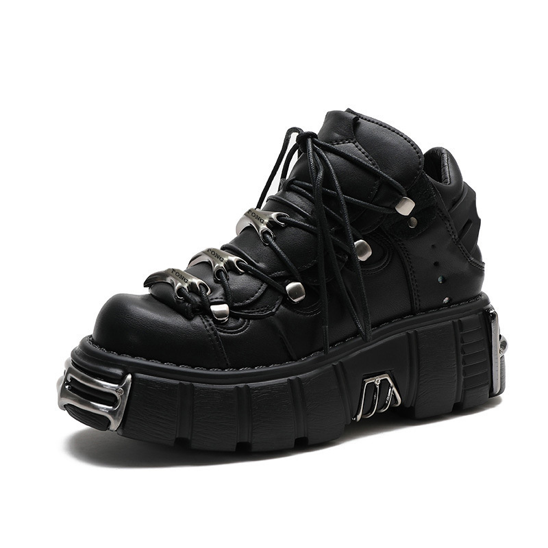 Sepatu Platform Hitam Wanita Gaya Punk Dekorasi Logam Sepatu Bot Rock Baru Wanita Bertali Sepatu Kets Wanita Kulit Hitam Gotik Botas 2026
