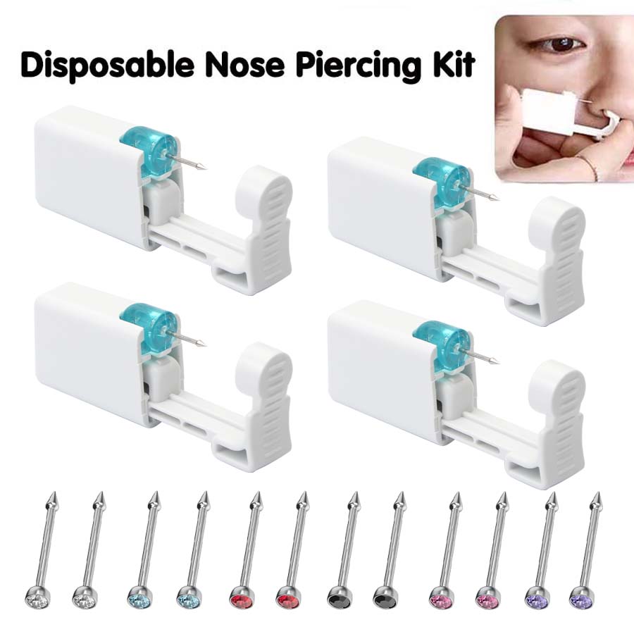 Kit de perforación de nariz hipoalergénica, 4 Uds., pistola de perforación de nariz desechable con tachuelas de nariz integradas