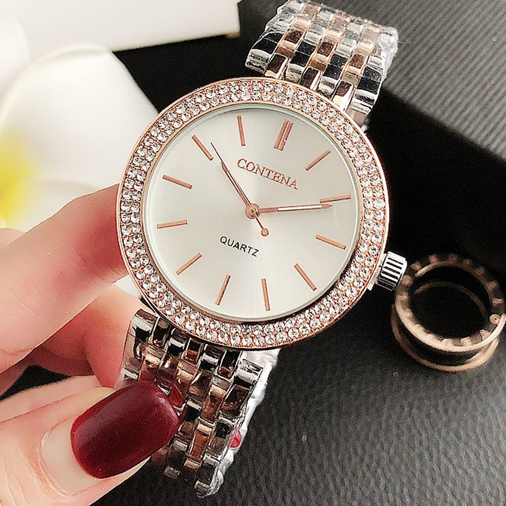 Contena แบรนด์หรูผู้หญิงนาฬิกาแฟชั่น Rhinestones สแตนเลสสตีลควอตซ์นาฬิกาสุภาพสตรีนาฬิกา Reloj Mujer