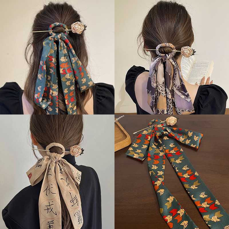 Nieuwe Zijden Sjaal Gedrukt Haar Stokken Chinese Stijl Elegante vrouwen Lange Lint Haarband Bandana Haar Stok Clip Haaraccessoires