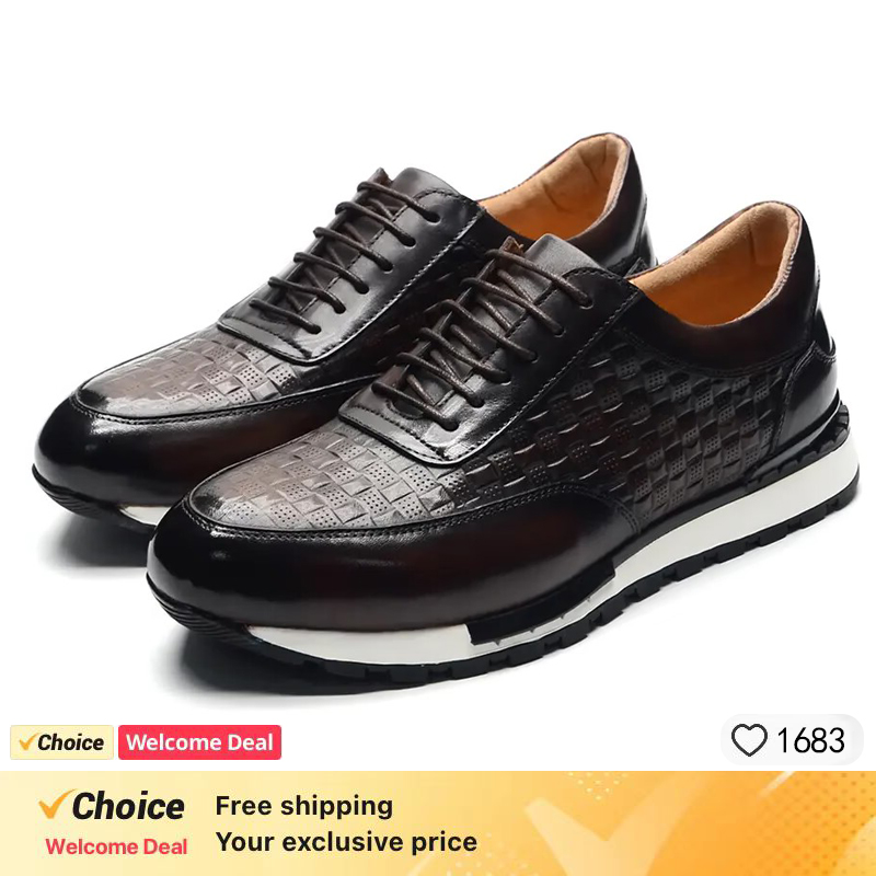 Luxury Autumn Winter Men's Leather Shoes Plaid Pattern Natural Genuine Leather Male Sneakers Business Casual Shoes