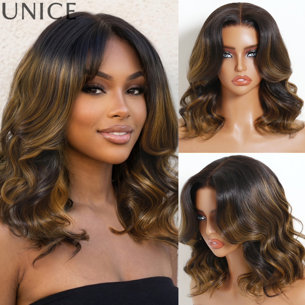 Parrucca Bob UNice No-Slip 7x5 in pizzo con balayage e riflessi, ondulata, pronta da indossare, senza colla, con coulisse, in capelli umani, pronta all'uso