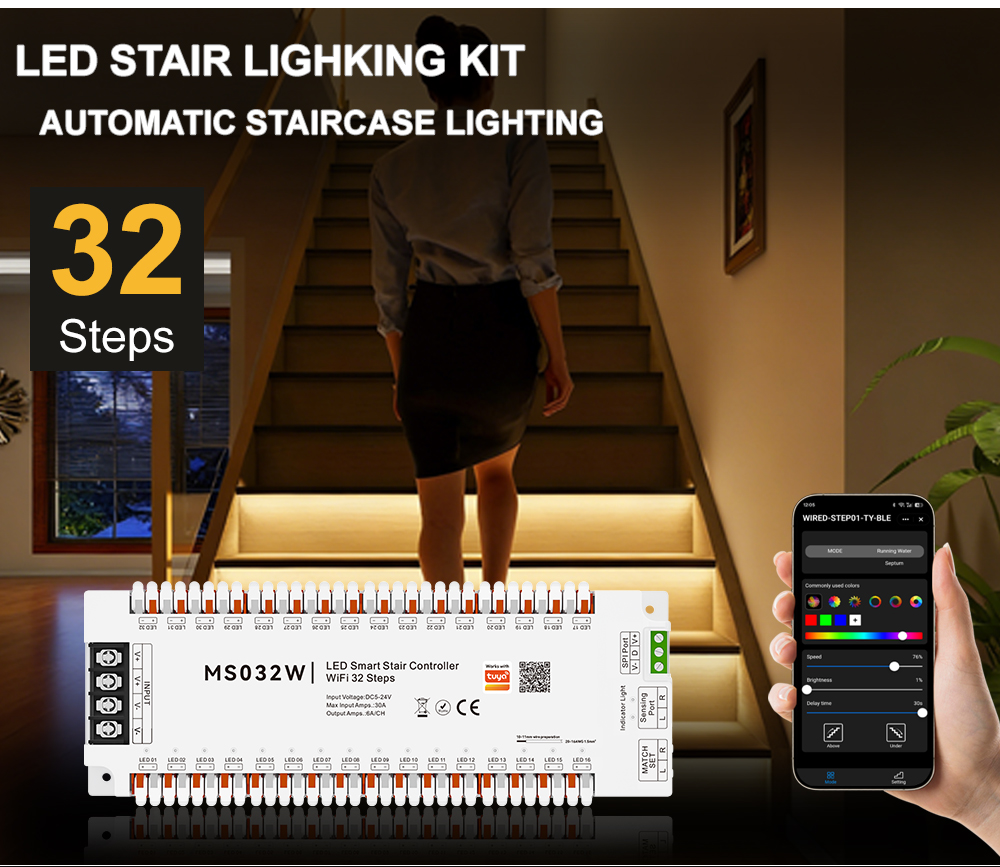 Tuya Smart APP Bluetooth wifi zigbee Kit de Controlador Automático con Sensor de Movimiento LED para Iluminación de Escaleras, 12V 24V 32 Canales