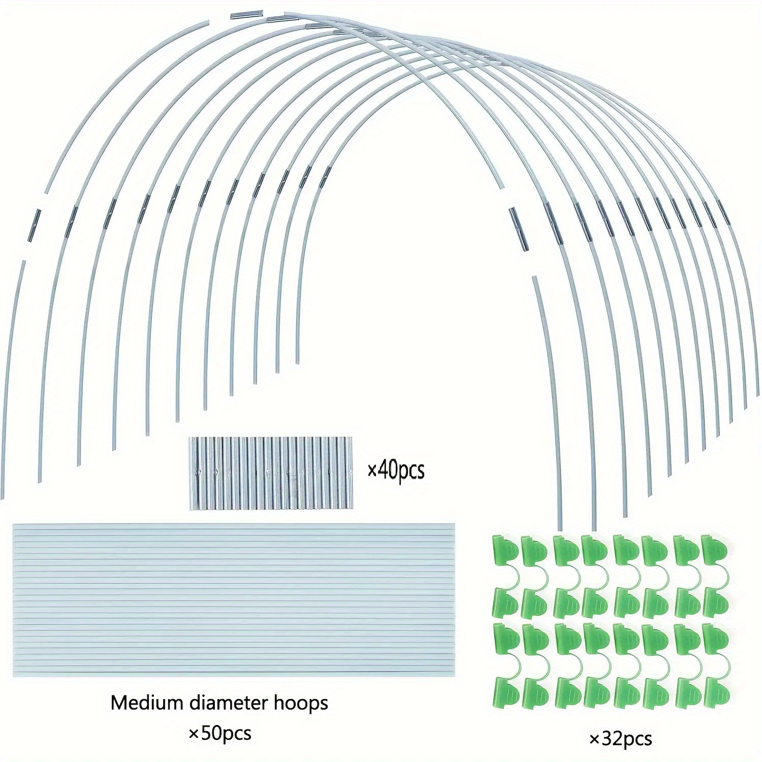Greenhouse hoops suitable for DIY or wider plant tunnels, rust resistant fiberglass poles, and plant supported garden stakes