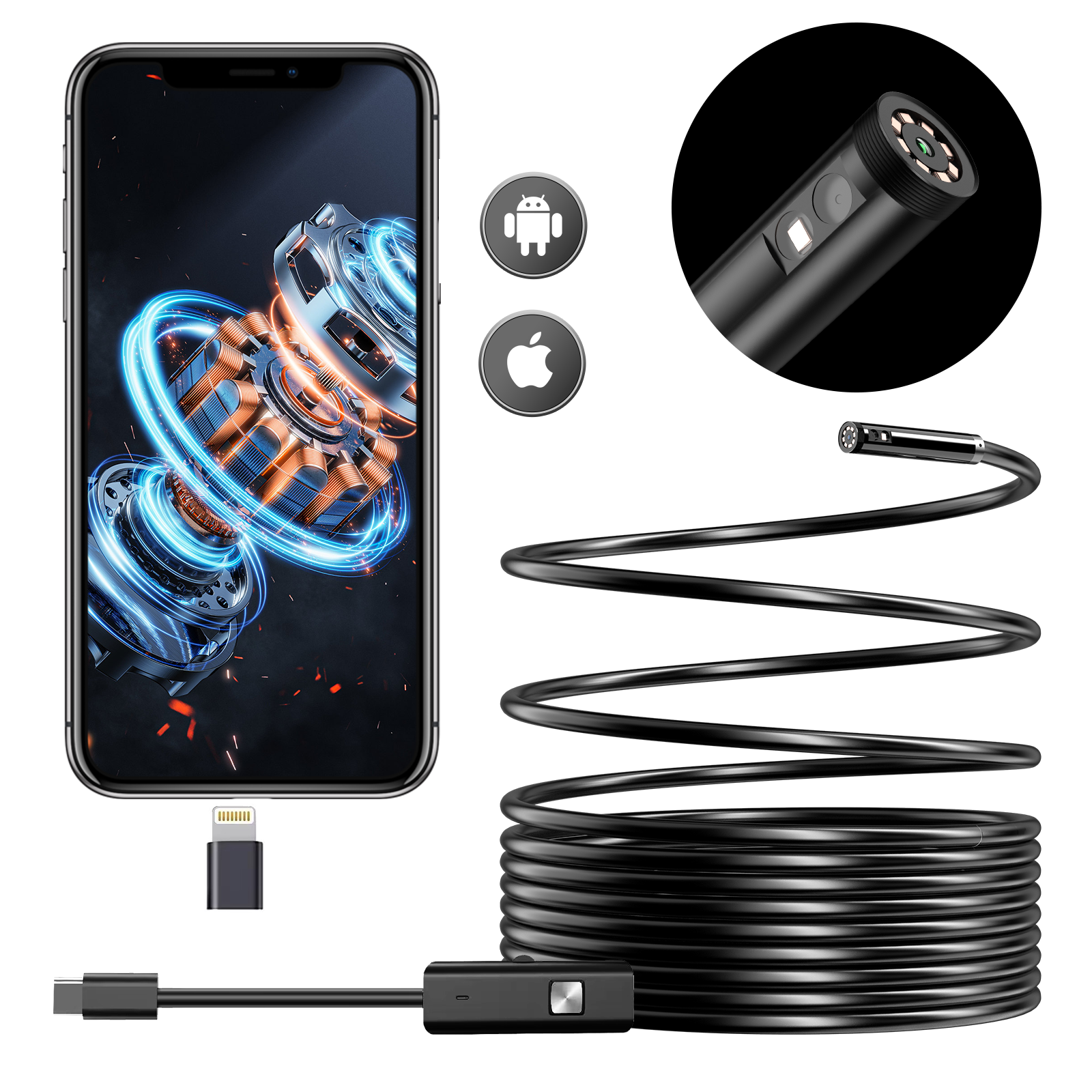 Caméra endoscopique avec câble semi-rigide, endoscope à lentille touristique, caméra d'inspection légère, caméra de salle pour iPhone et Samsung, 1080P