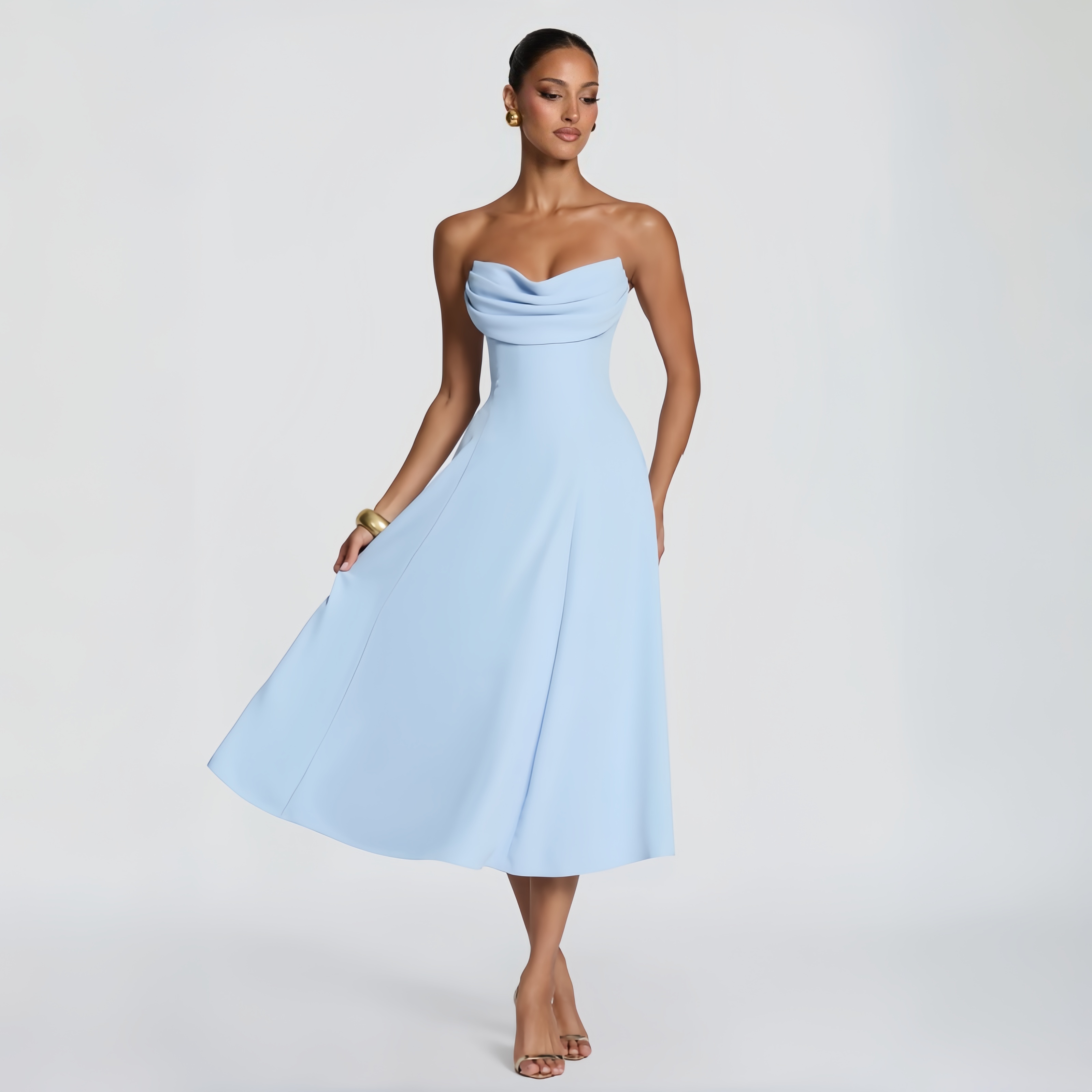 Damen Himmelblau Schulterfreies Tube-Top Midi Formelles Kleid Elegantes Brautjungfernkleid Einfarbig Französisch-Schickes Teelanges Kleid