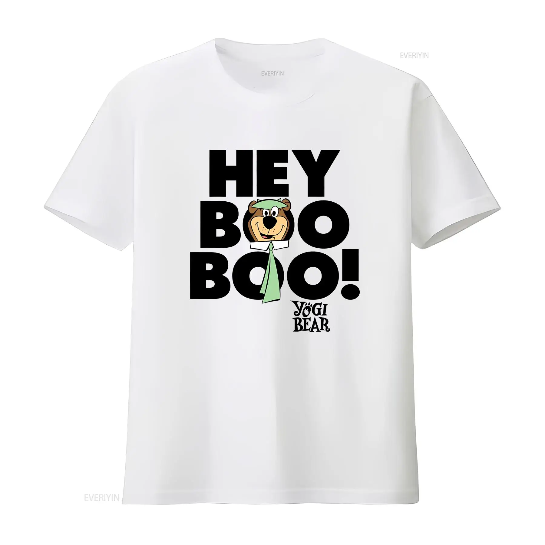 Camiseta Masculina Yogi Bear Hey Boo com Caimento Regular, Estilo Vintage Lavado, Roupa de Designer Macia, Streetwear Gráfico Versátil