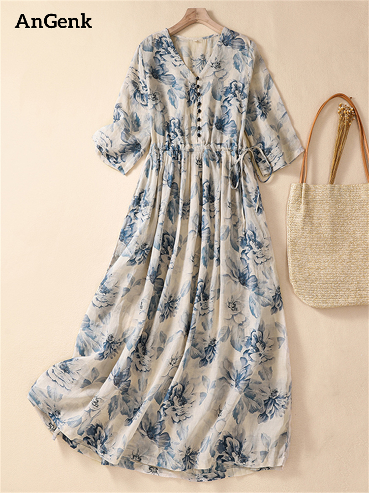 Korte mouw print vintage lange jurken voor dames 2026 nieuwe zomermode casual losse jurk femme robe vestidos elegante kleding