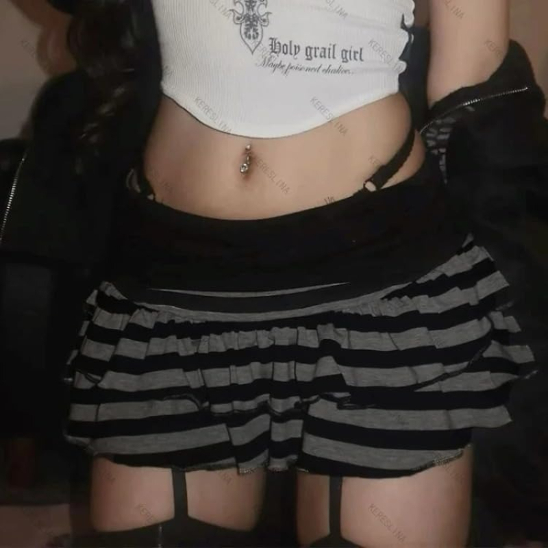 Striped Color-Blocking Sexy Fashion Y2K Street Niche Hot Girl Trendy Versatile Tiered Mini Skirt Women's Clothing Harajuku Retro Style Mini Skirt