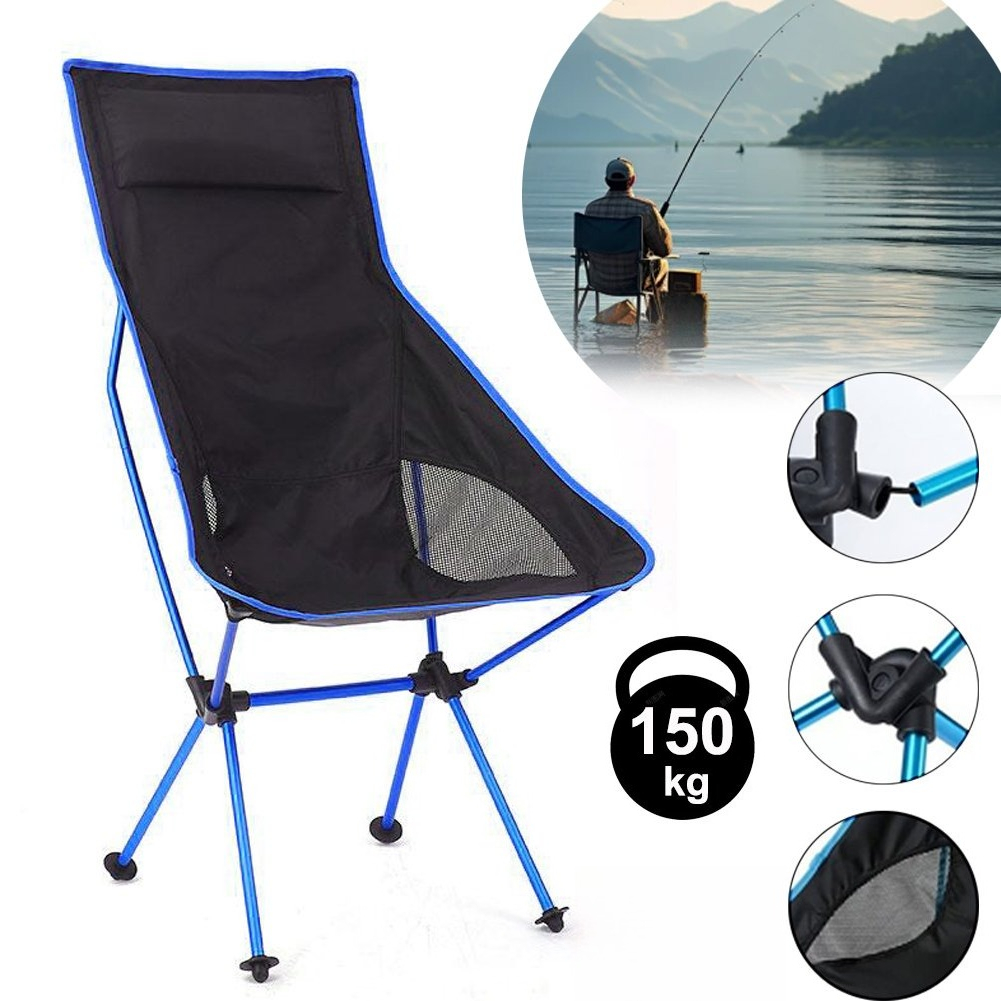 Draagbare campingstoel, ultralicht & compact met hoge rugleuning, inclusief draagtas voor wandelen, strand, vissen en reizen
