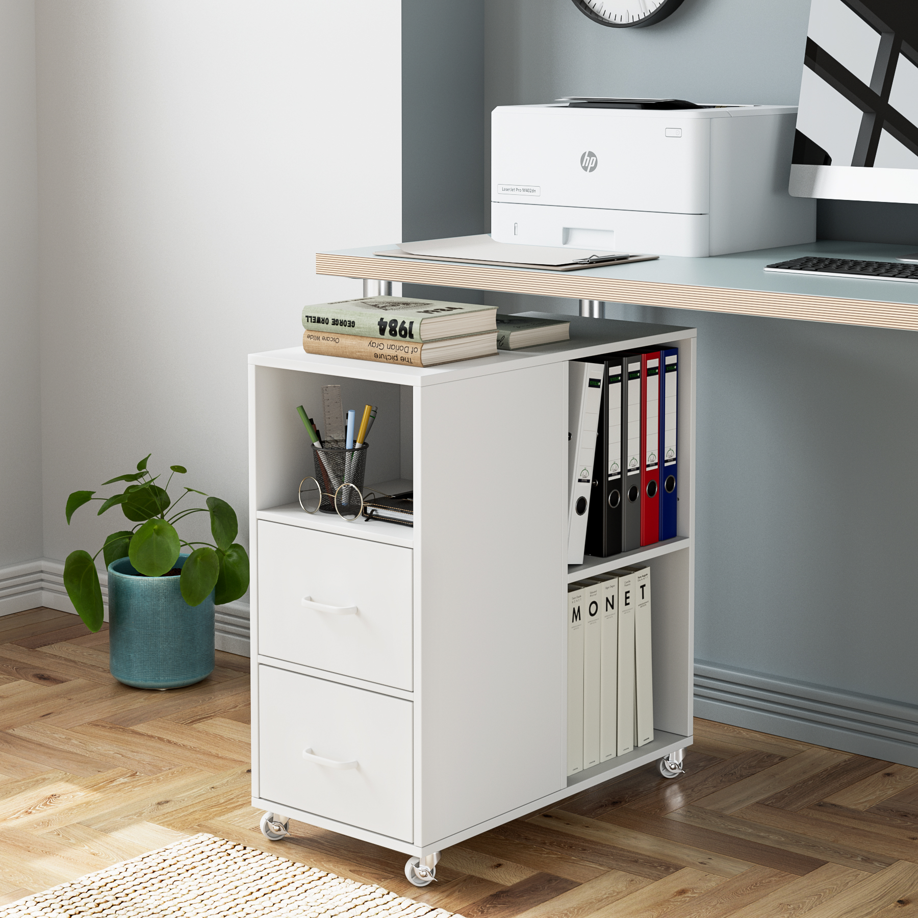 Rollcontainer, Aktenschrank mit Schublade und Fächern, Büroschrank Lagerschrank, Beistelltisch
