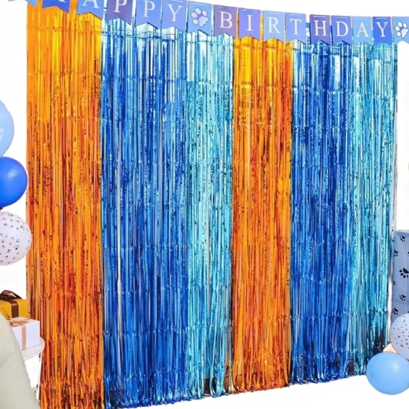 สีส้มสีฟ้าสุนัขฟอยล์ Fringe ผ้าม่านวันเกิด Party Supplies ฉากหลังสําหรับ Mermaid Under the Sea Theme เพศ Reveal Party Decor