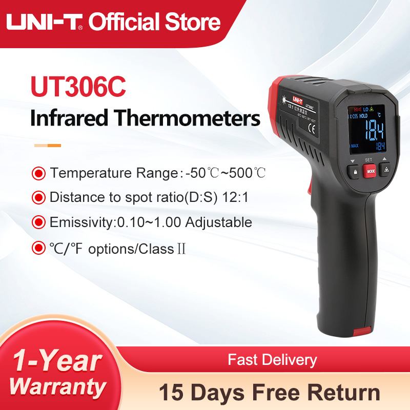 UNI-T เครื่องวัดอุณหภูมิอินฟราเรด UT306S UT306C เครื่องวัดอุณหภูมิแบบดิจิตอลเลเซอร์อุตสาหกรรมแบบไม่สัมผัส เครื่องวัดอุณหภูมิแบบปืน -50-500