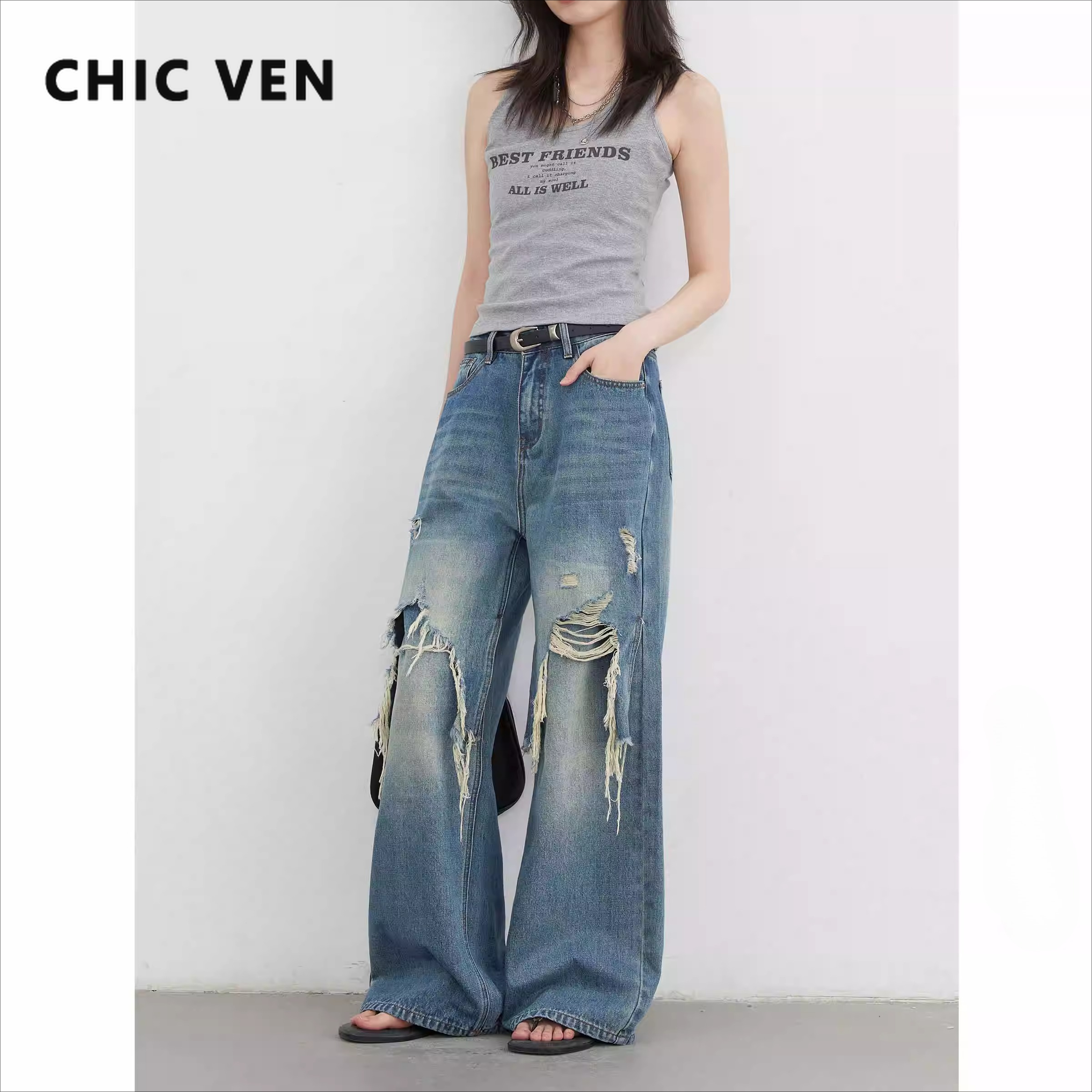 Chique ven calças jeans femininas soltas casuais cintura alta perna larga rasgado borda áspera calças jeans femininas primavera outono 2025