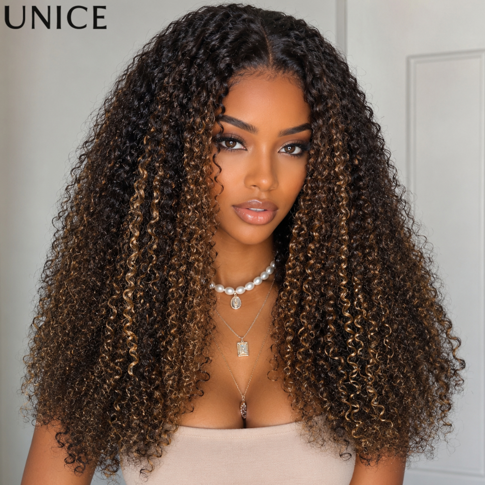 UNice 7x5 Bye-Bye Slip ™   Peluca Afro Rizada con Encaje Ombre Marrón con Reflejos Rubios, Peluca de Cabello Humano Real sin Pegamento con Cordón Ajustable