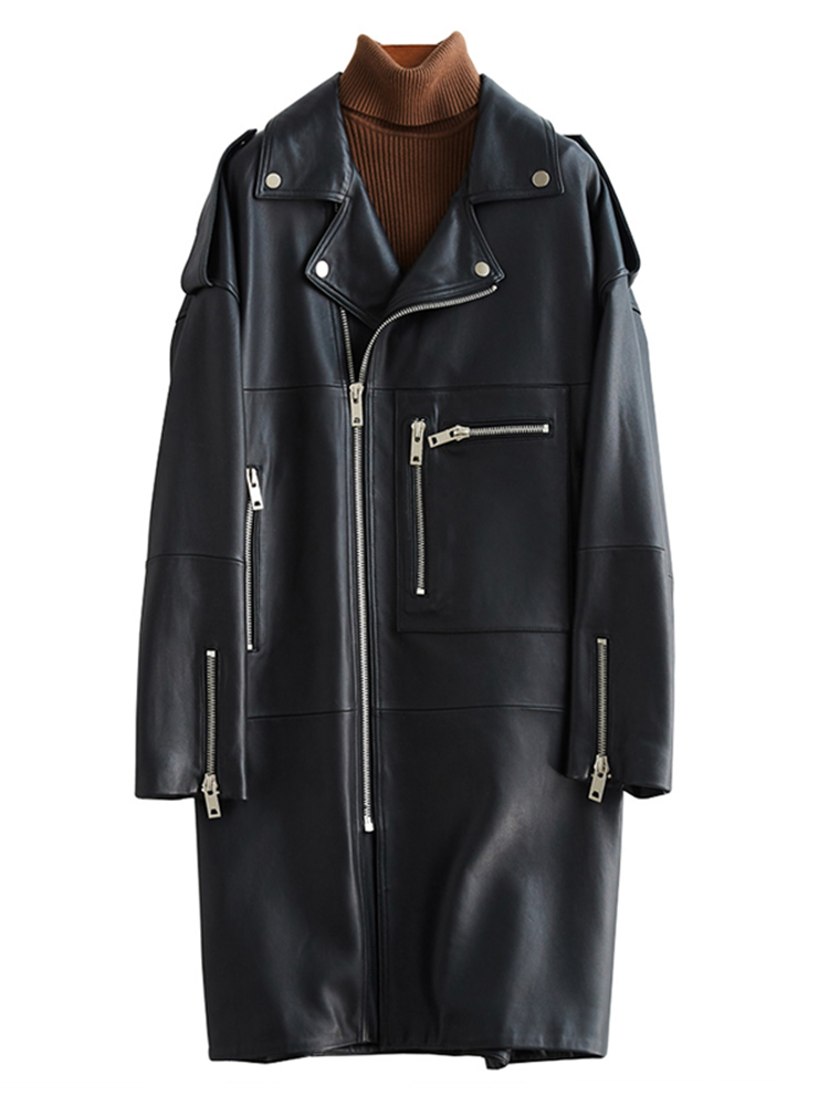 Jaqueta Feminina Oversized Preta de Couro Sintético Nerazzurri com Manga Longa, Ombro Caído e Zíper, Tamanho Plus Size, Solta, para Primavera