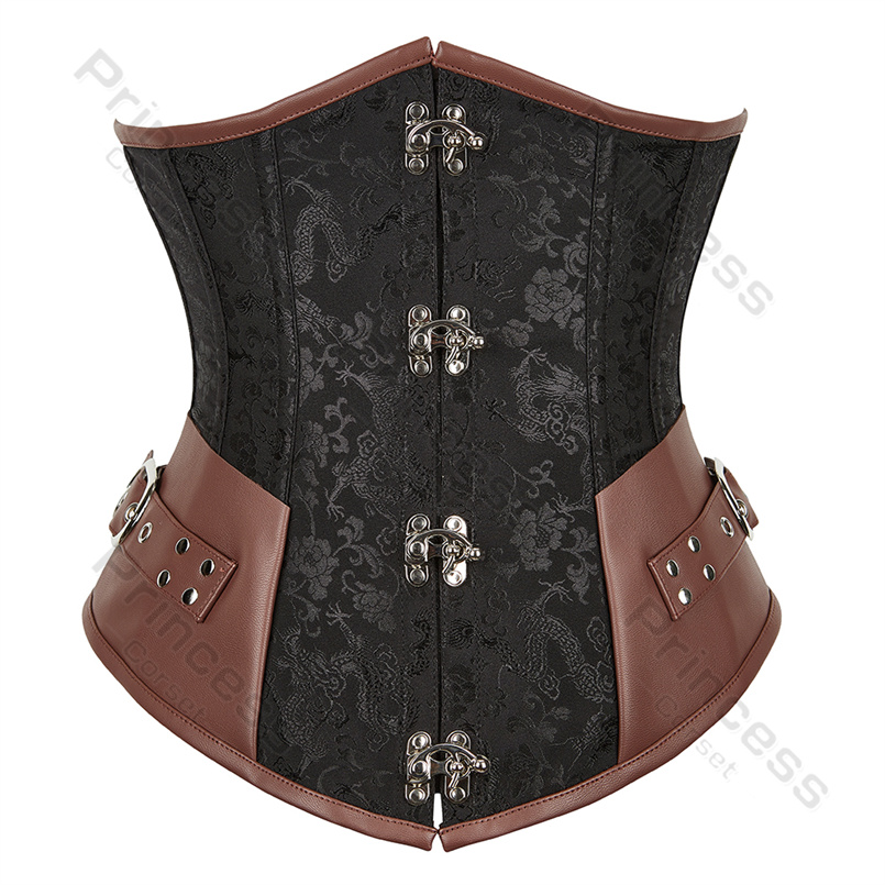 Steampunk onderborst korset leer bruin piraat korset riem vetersluiting jacquard korset vintage top voor dames