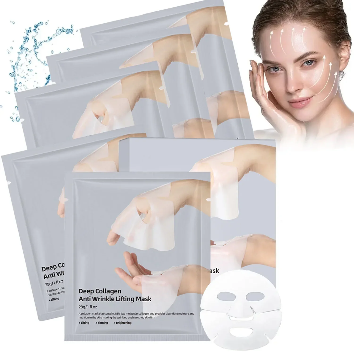 Mascarilla de colágeno profundo antiarrugas, mascarilla facial de colágeno durante la noche, mascarilla de colágeno profundo para levantar, reafirmante, hidratante (5 paquetes)