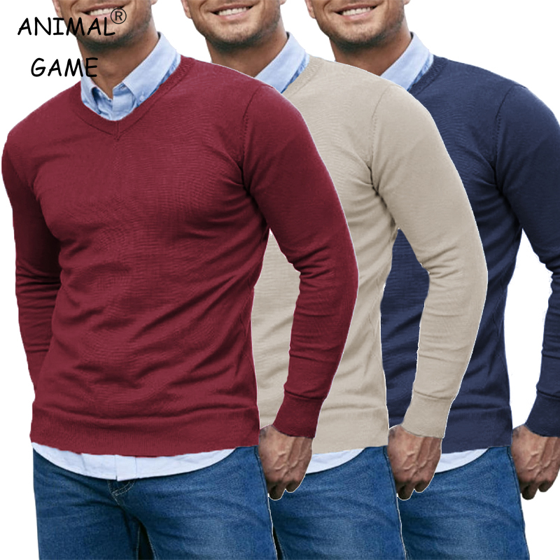 Męski sweter z dekoltem w serek, dzianinowy pulower, casualowy, miękki, lekki, z długim rękawem, sweter do sukienki, jesienny, oddychający, dopasowany.