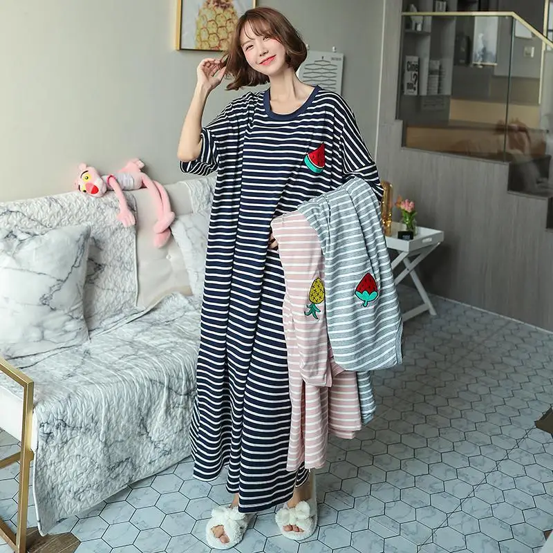 Pajama Dress Women Short Sleeve Cartoon Loungewear Plus Size Striped Student Sleepwear Homewear Summer Youg Girl Soft Nightwear