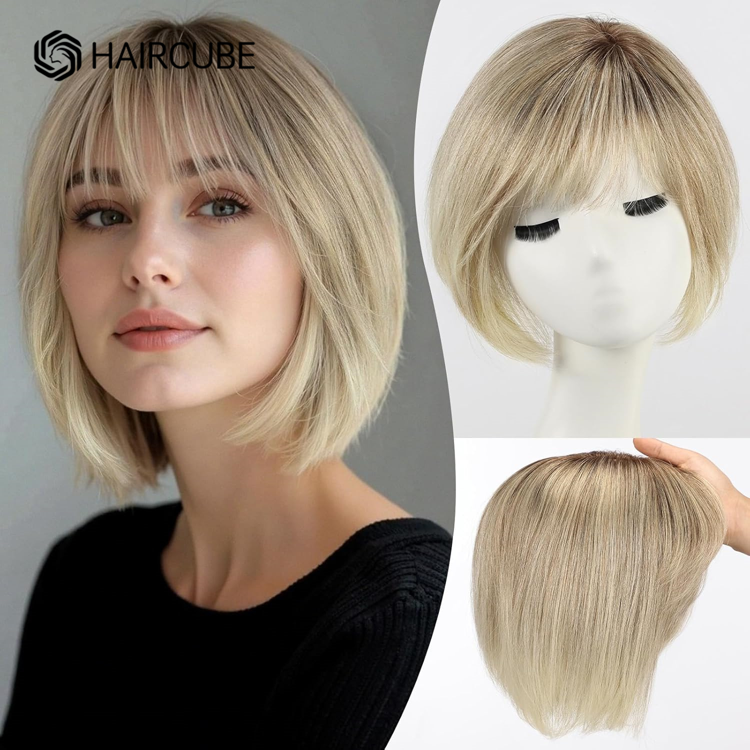 Ombre Szary Blond Pasma z Prawdziwych Włosów Naturalnych 6.5*6.5 cala Duża Baza 4 Klipsy Topper 10 cali Pasma do Włosów dla Kobiet z Grzywką i Przedziałkiem z Boku