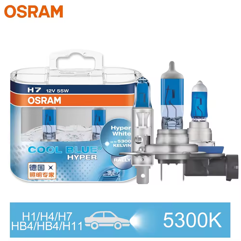 OSRAM H7 H4 H1 H11 HB3 9005 HB4 9006 Lampadina Alogena per Fari Auto, Luce Abbagliante/Anabbagliante 5300K 12V 55W, Bianco Hyper Cool Blue (2 Pezzi)