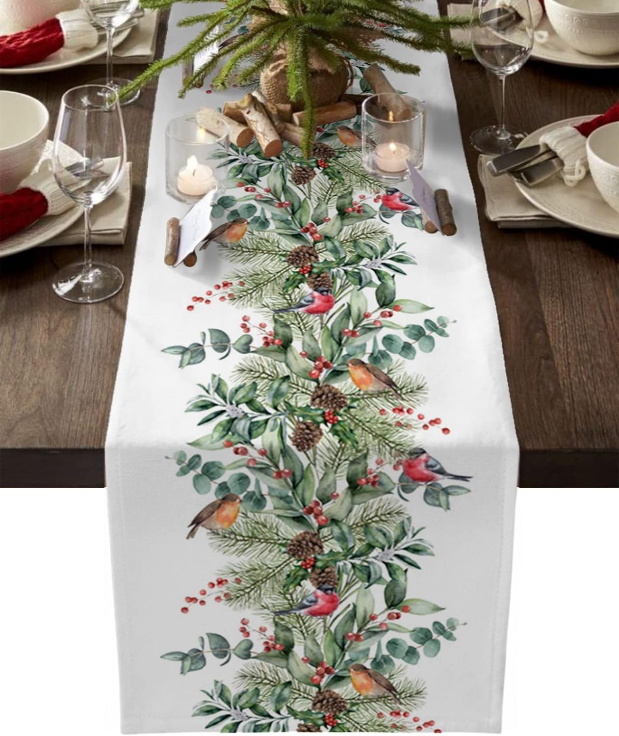 Camino de mesa de lino de pino, planta verde, baya cardinal de Navidad, bufandas de tocador, camino de mesa de cocina de Navidad de invierno, decoración navideña
