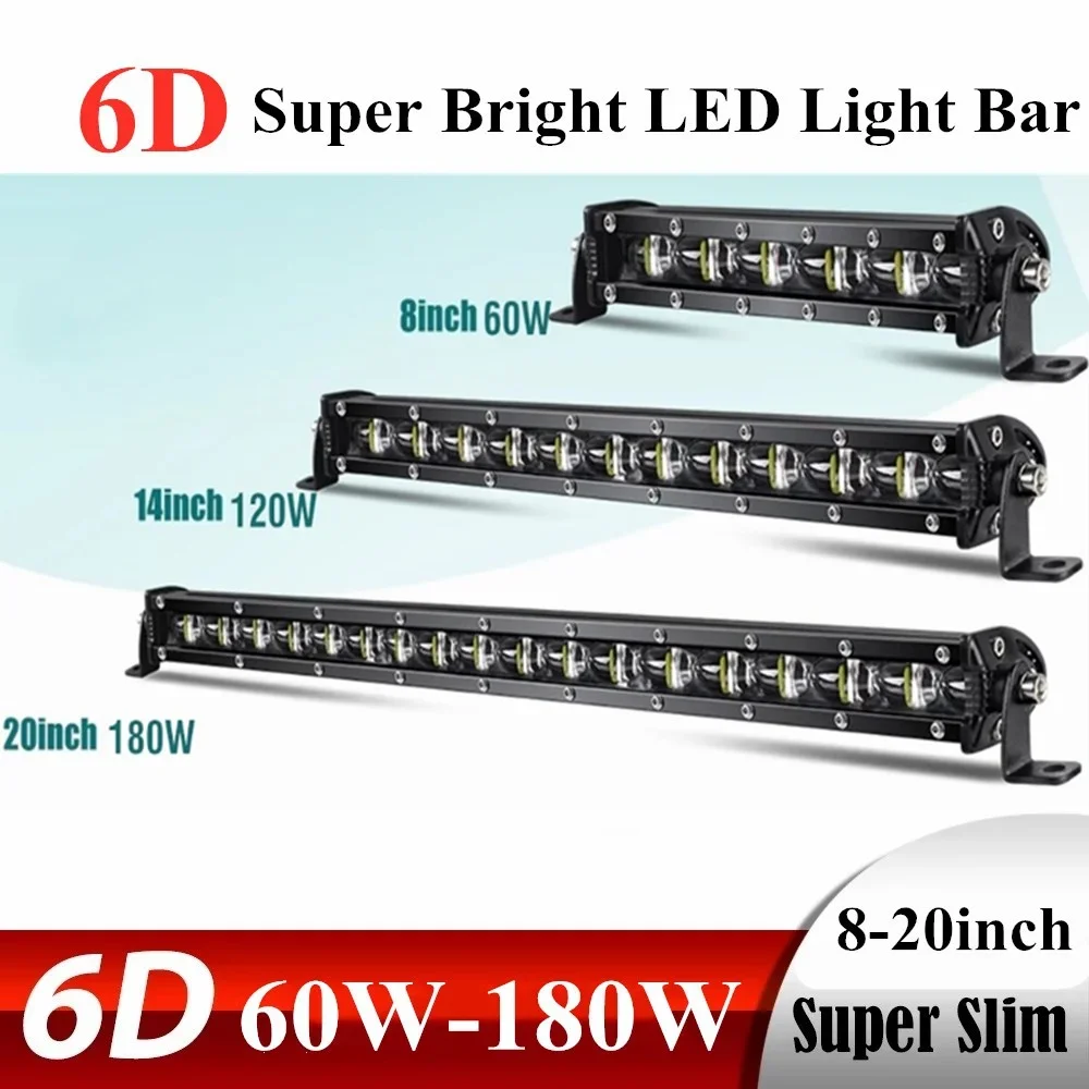 Barra de luz Led súper delgada con lente 6D, 60W, 120W, 180W, para coche, Tractor, Suv, camión, barco, 4WD, 4x4, todoterreno, ATV, luces de trabajo Led, lámpara de conducción