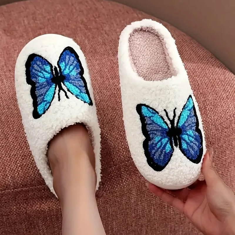Lucyever borboleta bordado de pelúcia mulher chinelos antiderrapante macio casa slides sapatos femininos inverno confortável sapatos de algodão quente feminino