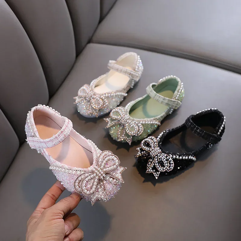Sandálias infantis para meninas, sandálias com lantejoulas e strass, laço, princesa, sapatos para meninas, sandálias planas para crianças, tamanho 21-36