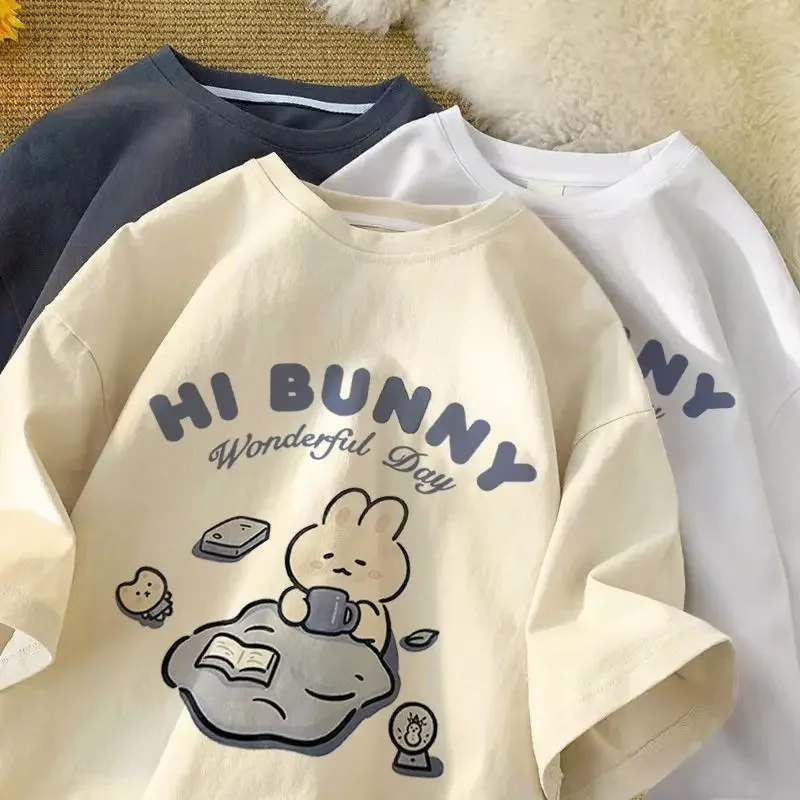 Cartton Hi Bunny Print Damen Kurzarm T-Shirt für Damen Cartoon Damen Kurzarmshirt Damenmode Niedliche Tops